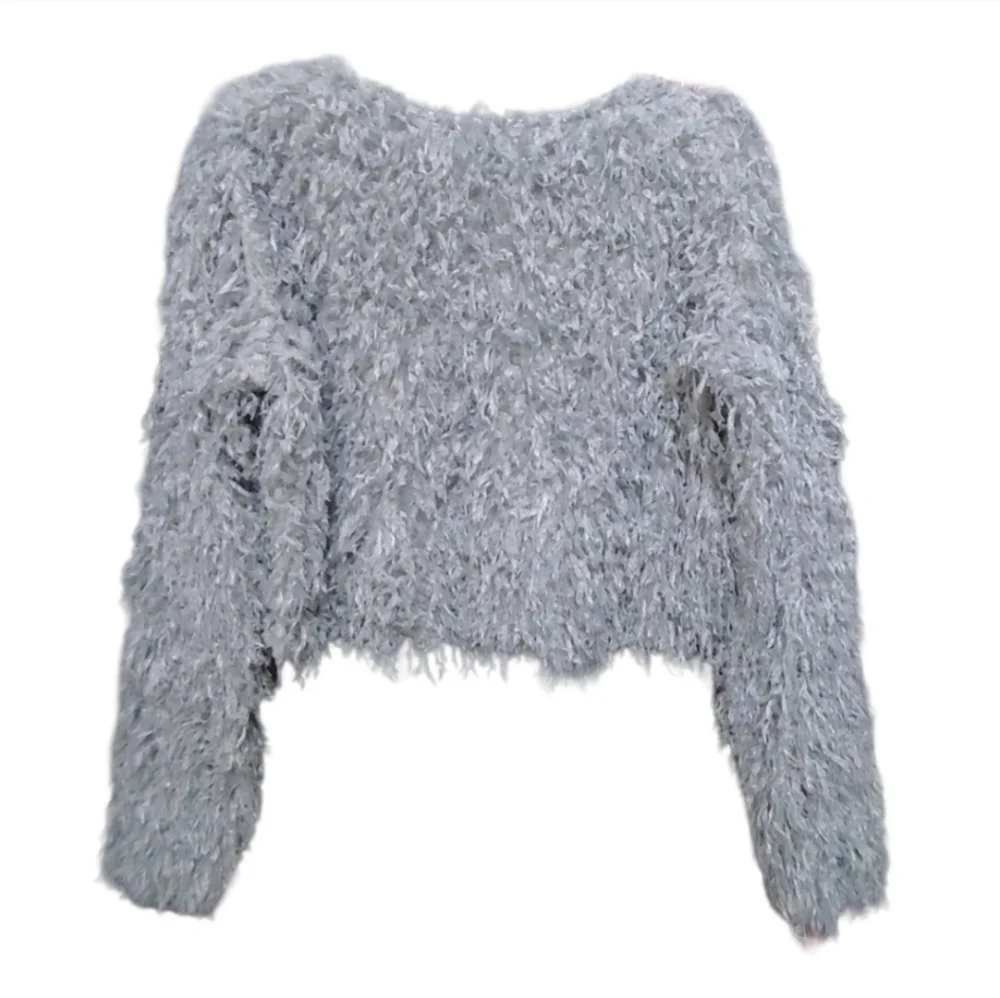 Zara Feather Effect Gray Long Sleeve Crop Top Women's Size Large L